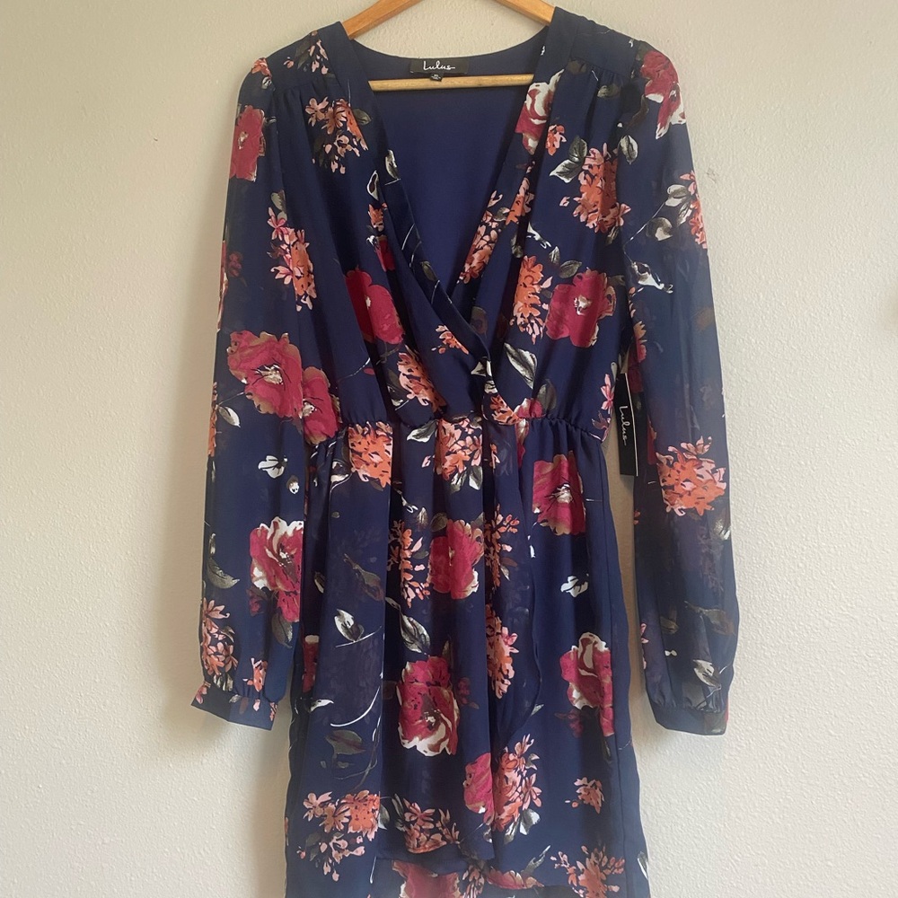 Lulu's Navy and Red Floral Long Sleeve Dress